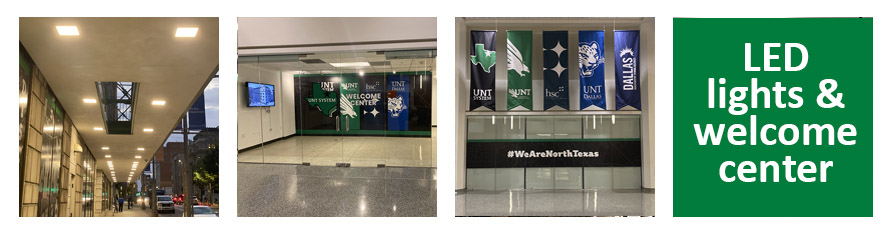 Photo 1: Updated canopy to LED lightbulbs; Photo 2: New Welcome Center in the former ArtSpace; Photo 3: Vertical banners representing each campus